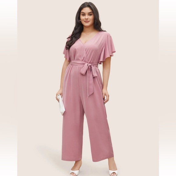 BloomChic Plus Size 6XL Anti-Wrinkle Plain Belted Flutter Sleeve Zipper Jumpsuit - Picture 6 of 7